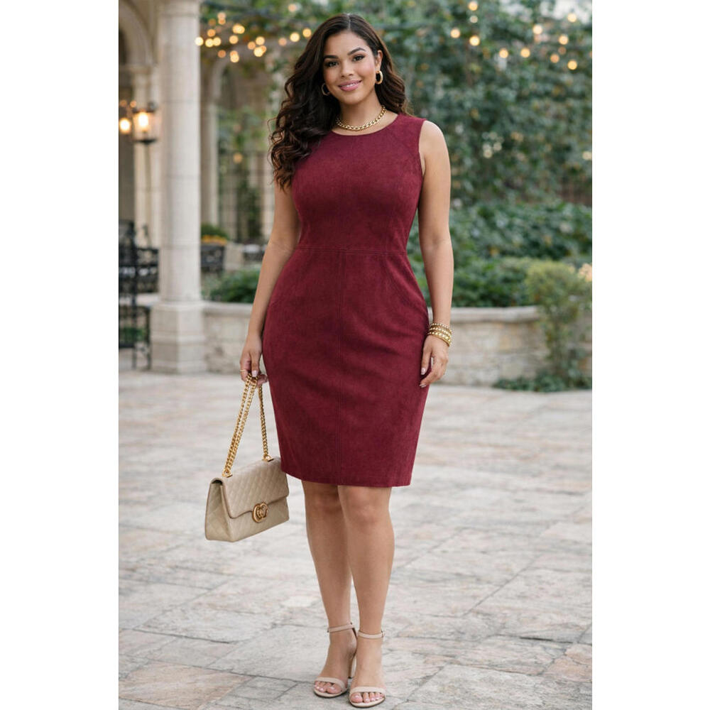 Chico’s Burgundy Faux Suede Sheath Dress Size 2  XXL Elegant Work/Cocktail $250